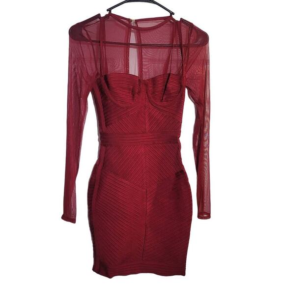 House of CB London Noelle Mesh Cutout Mini Bodycon Dress Size XS Wine Red - Picture 2 of 7